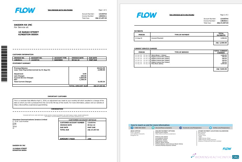 Jamaica Flow tax invoice cable and internet business utility bill Word and PDF template, 2 pages